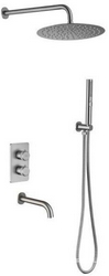 Смес-термостат д/ванны/душа,встр.в стену со стац.верхн.душ d30см,излив,кронштейн,лейка,держат,шланг, встр.часть в компл,(цв.никель браш.),PriorityZZ
