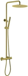 Смеситель-термостат для душа, со стационарным верхним душем 300х300мм., душевая лейка, шланг в компл., (цв.золото браш.), Fantasy ZZ