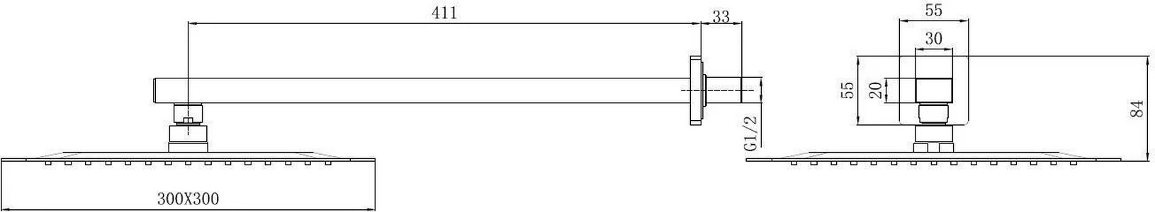 Душ верхний, стационарный, квадратный 300х300мм, G 1/2, антикальц., стеновой кронштейн 411мм, (латунь цв.черный матовый),  ZZ Allen Brau Infinity 5.21A19-31
