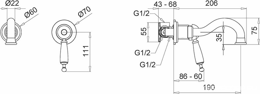 Смеситель для раковины, встраиваемый в стену, излив 190мм, (цв.бронза),  ZZ Migliore Oxford 19092