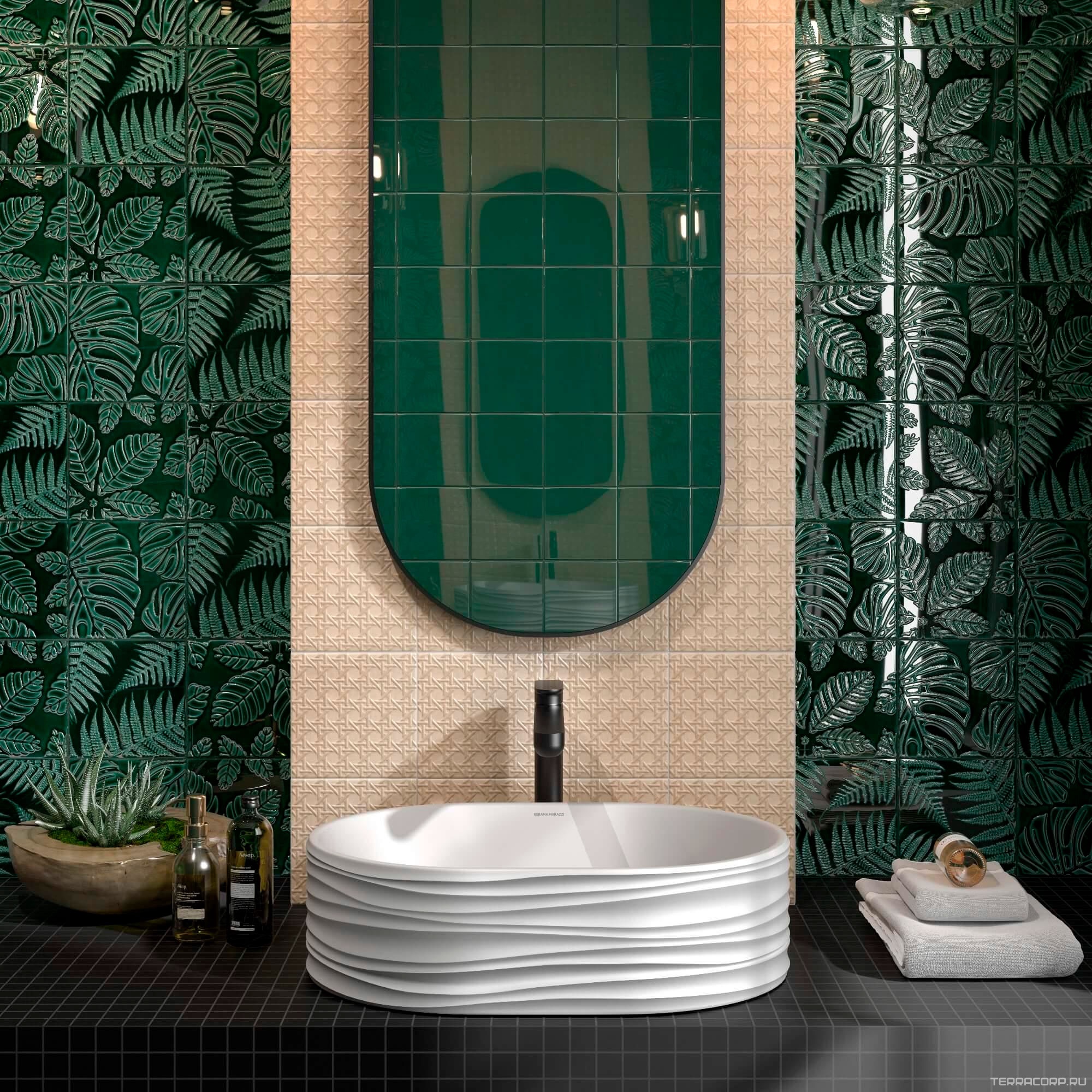 Керамическая плитка Kerama Marazzi Сантана Декор 1 структура зеленый темный глянцевый 15х15 Зеленый, фото 4