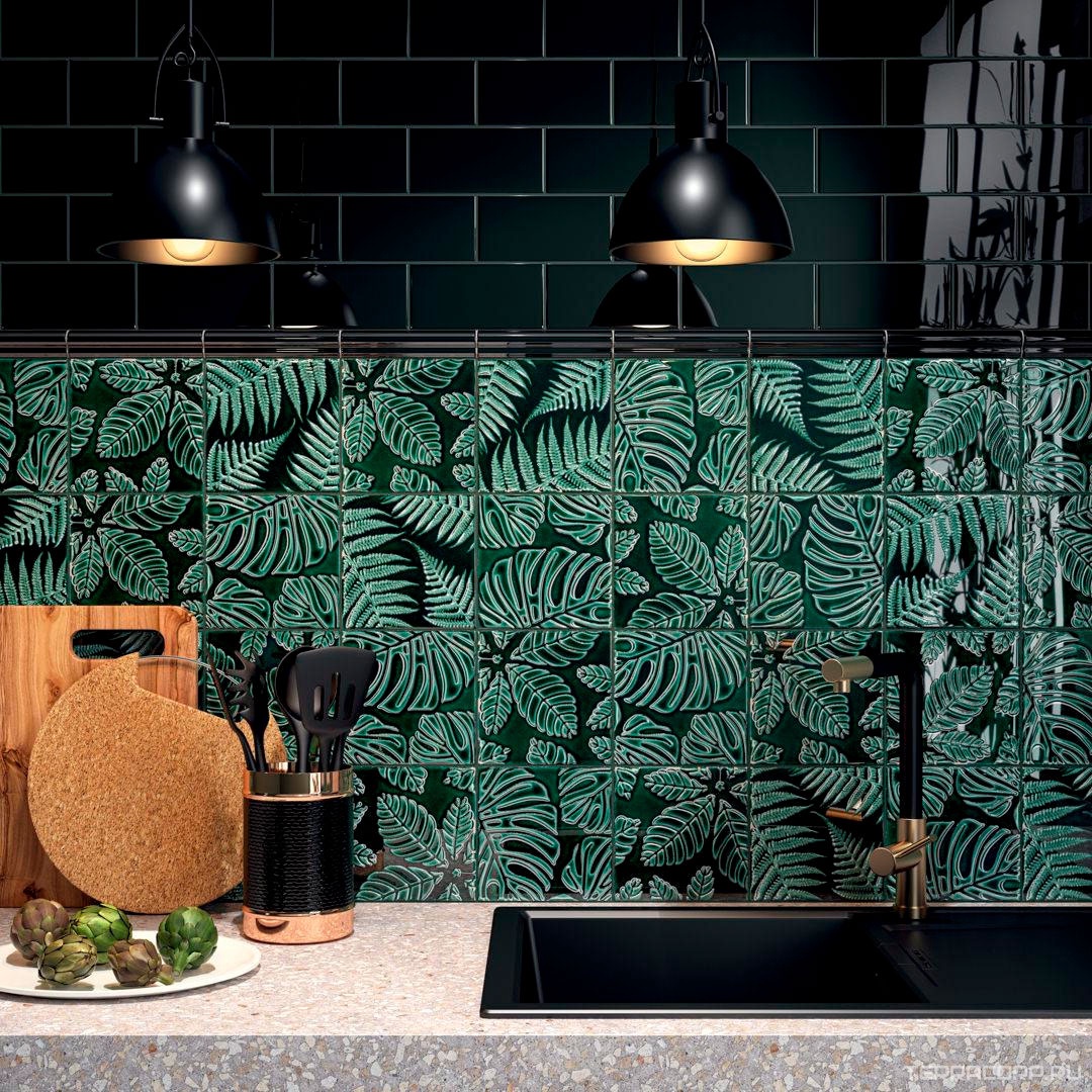Керамическая плитка Kerama Marazzi Сантана Декор 1 структура зеленый темный глянцевый 15х15 Зеленый, фото 6
