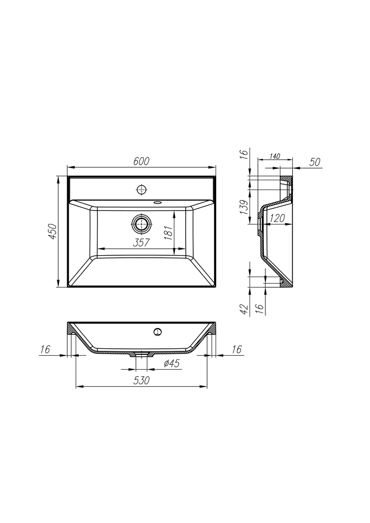 Раковина 600х450мм, (искусственный мрамор, цв.белый), BelBagno ZZ