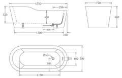 Ванна 1750x800xh680мм, акрил, отдельностоящая, БЕЗ перелива, сифон, пробка слива цв.хром в комплекте, BelBagno XX