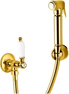 Гигиенический душ со шлангом 120см, запорным вентилем и держателем, (цв.золото, ручка цв.белый), First ZZ
