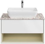 Тумба "Plaza Modern" 80 см, подвесная, подсветка, с 1 выдвижным ящиком push+1 открытый ящик, БЕЗ столешницы и раковины, цв. белая матовая/шалфей ZZ